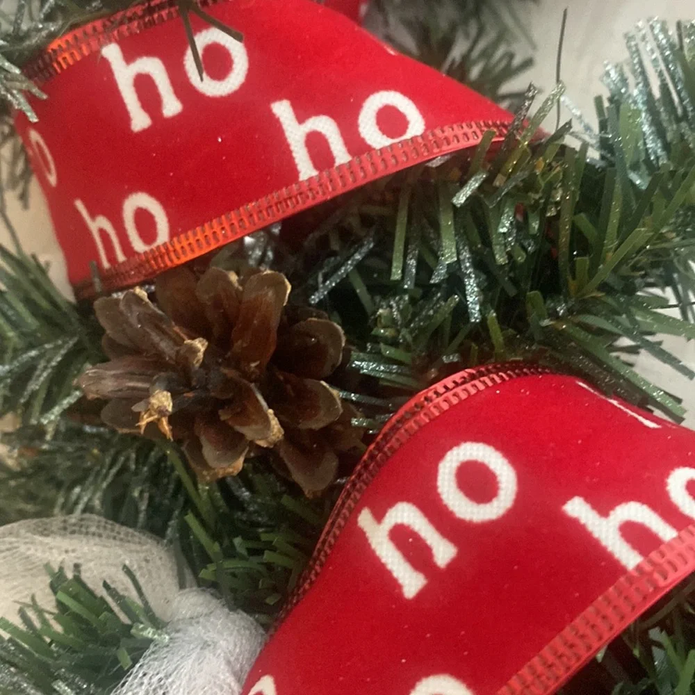 Winter holiday wreath with ho ho ho & BELIEVE adornments evergreen base